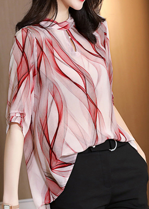 Chic Red Striped Stand Collar Low High Design Chiffon Shirts Summer