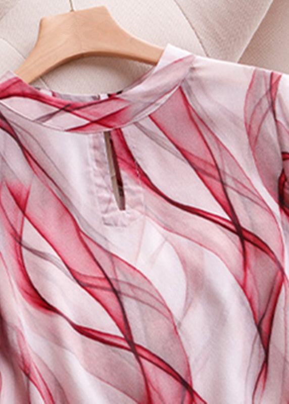 Chic Red Striped Stand Collar Low High Design Chiffon Shirts Summer