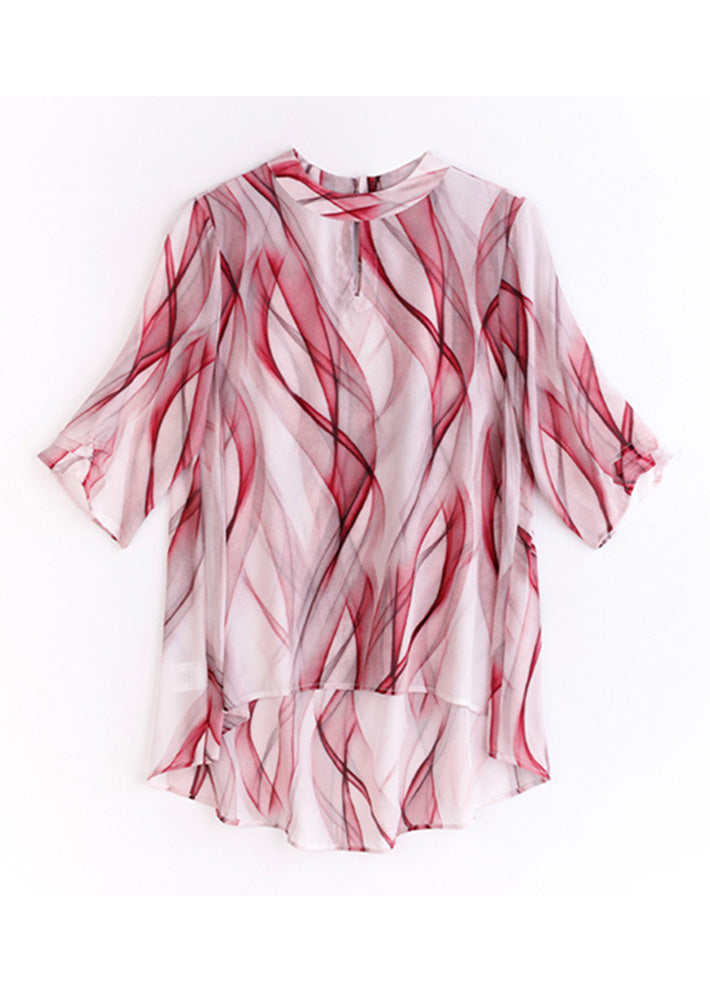 Chic Red Striped Stand Collar Low High Design Chiffon Shirts Summer