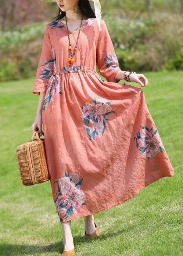 Chic Red V Neck Print Cinched Patchwork Linen Dress Summer