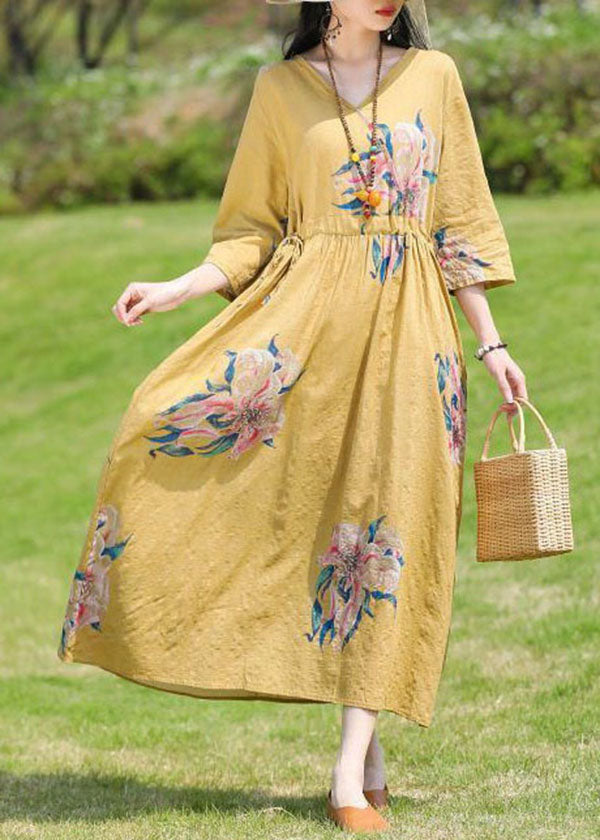 Chic Red V Neck Print Cinched Patchwork Linen Dress Summer