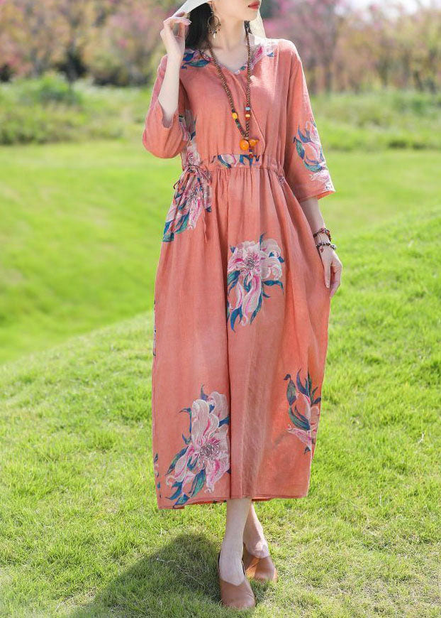 Chic Red V Neck Print Cinched Patchwork Linen Dress Summer