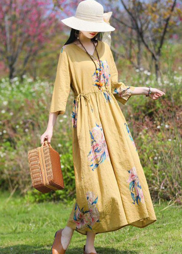 Chic Red V Neck Print Cinched Patchwork Linen Dress Summer
