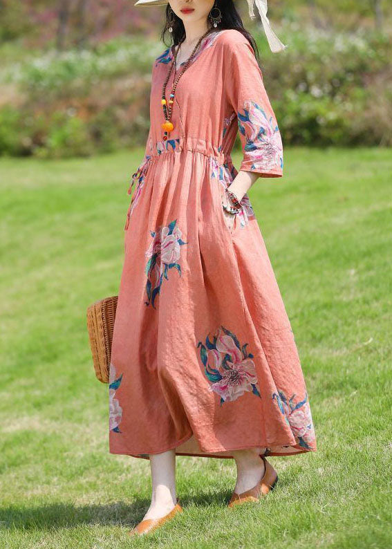 Chic Red V Neck Print Cinched Patchwork Linen Dress Summer