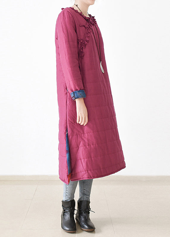 Chic Rose O-Neck Button Side Open Thick Linen Long Parka Witner