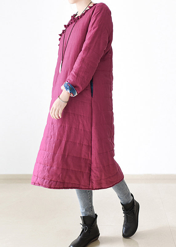 Chic Rose O-Neck Button Side Open Thick Linen Long Parka Witner