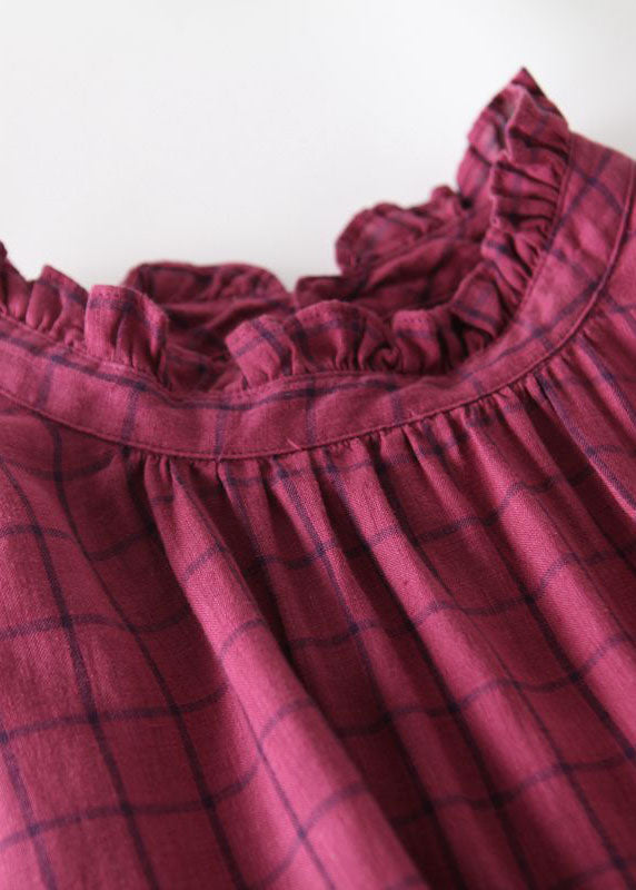 Chic Rose Plaid Ruffled Pockets Patchwork Linen Dresses Summer