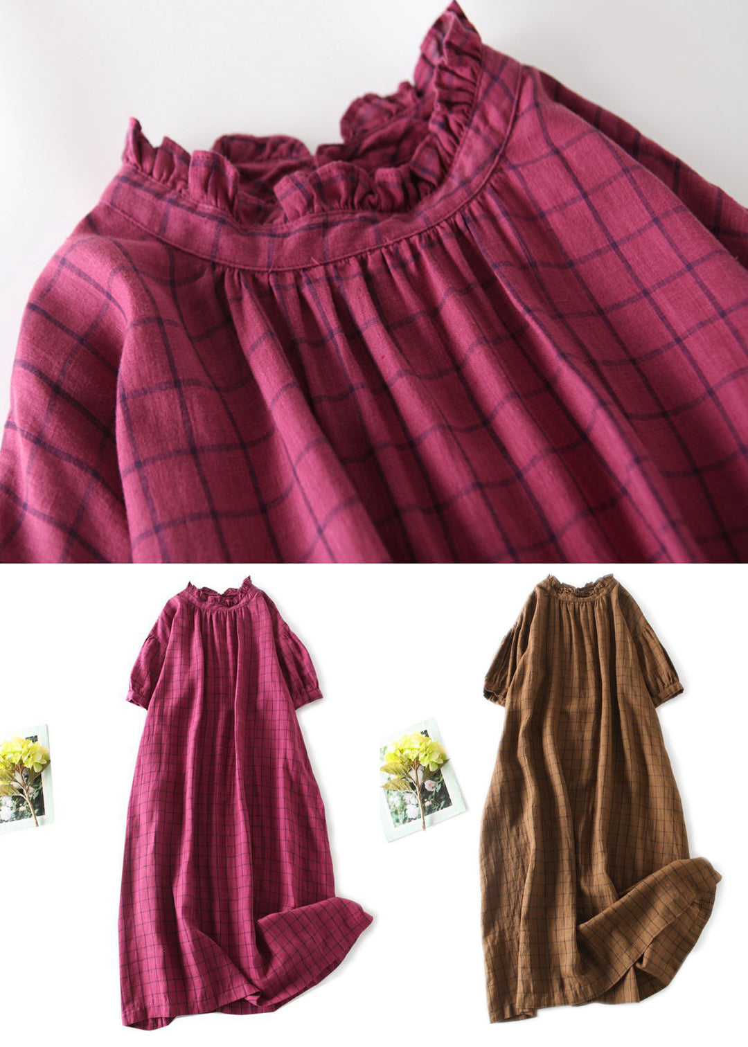 Chic Rose Plaid Ruffled Pockets Patchwork Linen Dresses Summer