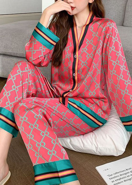 Chic Rose V Neck Patchwork Print Ice Silk Pajamas Sets 2 Pieces Spring
