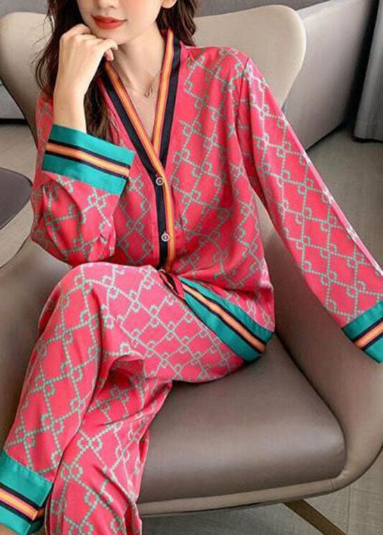 Chic Rose V Neck Patchwork Print Ice Silk Pajamas Sets 2 Pieces Spring