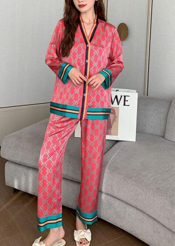 Chic Rose V Neck Patchwork Print Ice Silk Pajamas Sets 2 Pieces Spring