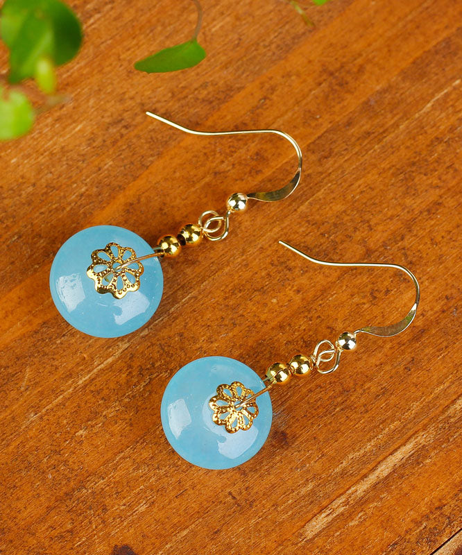 Chic Sea Blue Sterling Silver 14K Gold Chalcedony Drop Earrings