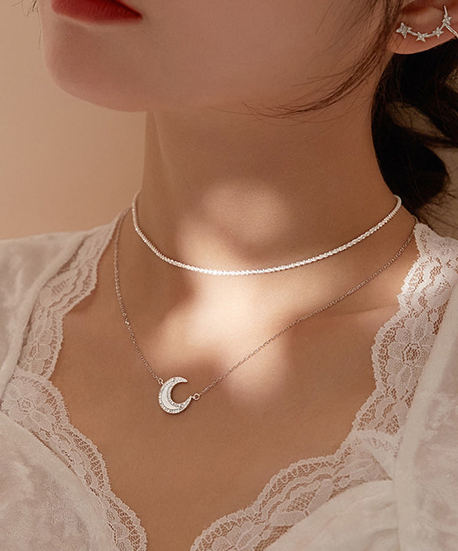 Chic Silk Sterling Silver Inlaid Moon Pendant Necklace