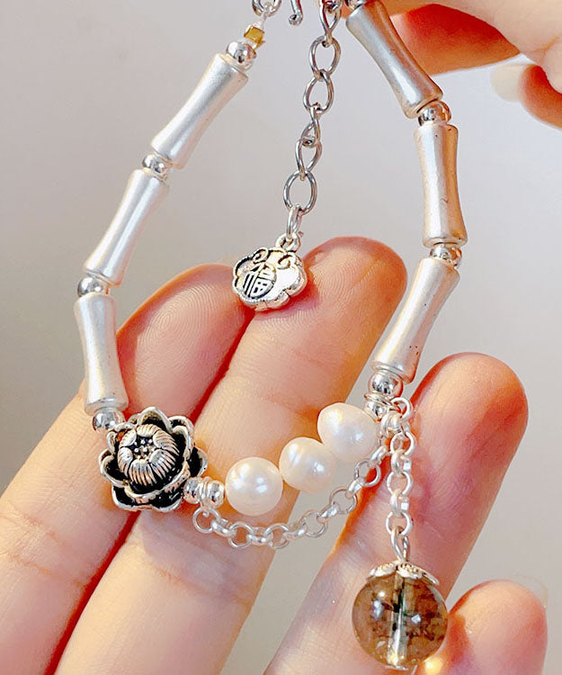 Chic Silk Sterling Silver Pearl Crystal Floral Bamboo Charm Bracelet