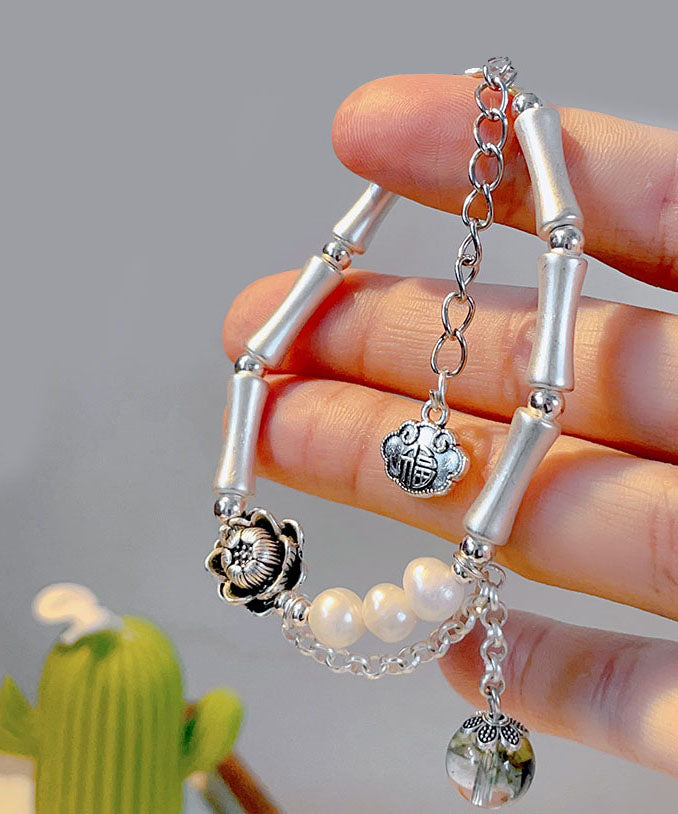 Chic Silk Sterling Silver Pearl Crystal Floral Bamboo Charm Bracelet