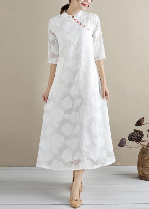 Chic Stand Collar Summer Clothes For Women Work White Cut flowers Loose Dresses - Omychic