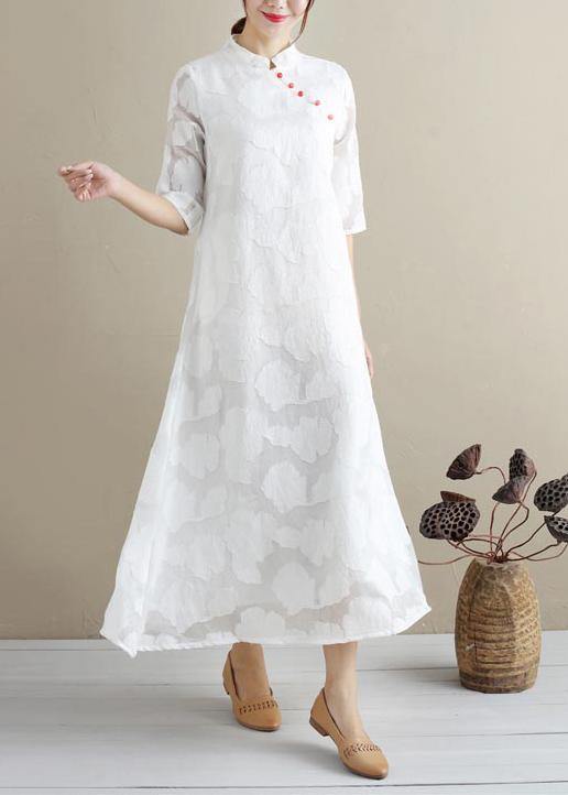 Chic Stand Collar Summer Clothes For Women Work White Cut flowers Loose Dresses - Omychic