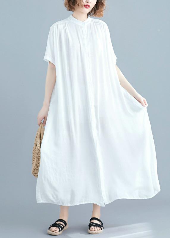 Chic Stand Collar Summer Clothes Women Work White Maxi Dresses - Omychic