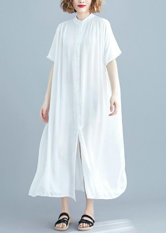 Chic Stand Collar Summer Clothes Women Work White Maxi Dresses - Omychic