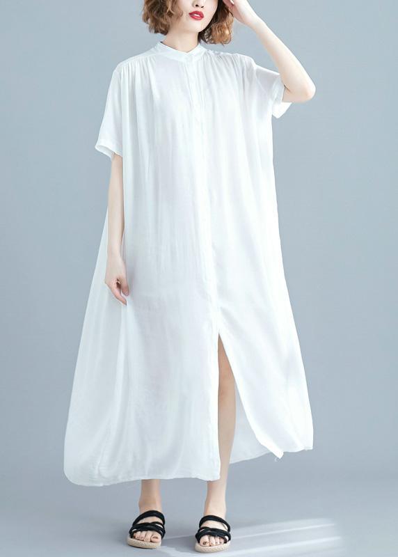 Chic Stand Collar Summer Clothes Women Work White Maxi Dresses - Omychic