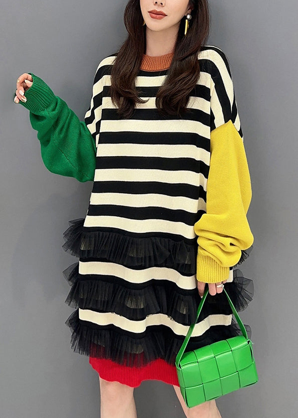 Chic Striped O Neck Tulle Patchwork Cotton Knit Mid Dress Fall