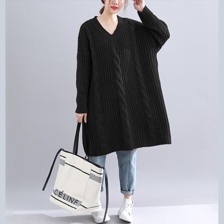 Chic Sweater dress outfit Quotes v neck thick black Big knit dress - Omychic