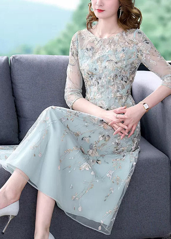 Chic Water Blue O-Neck Embroideried Floral Tunic Organza Long Dress Half Sleeve