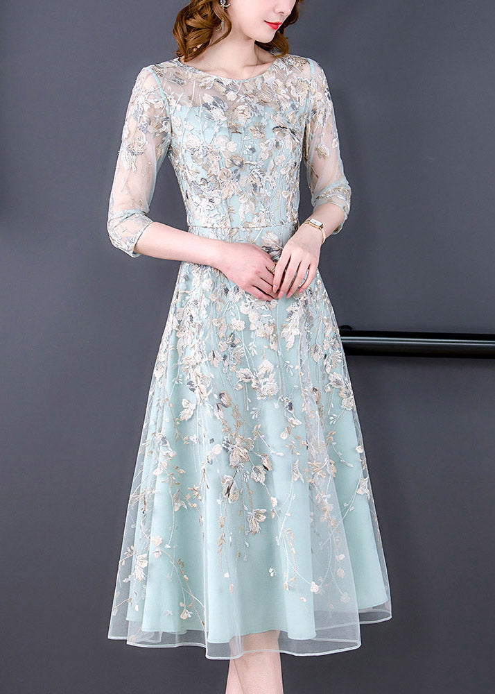 Chic Water Blue O-Neck Embroideried Floral Tunic Organza Long Dress Half Sleeve