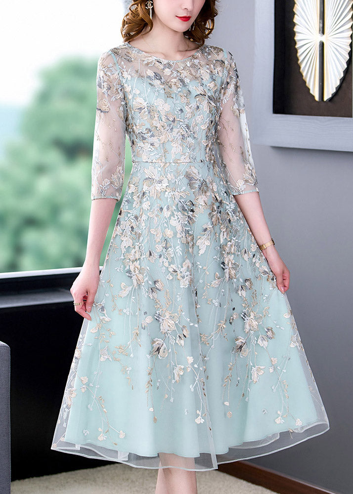 Chic Water Blue O-Neck Embroideried Floral Tunic Organza Long Dress Half Sleeve