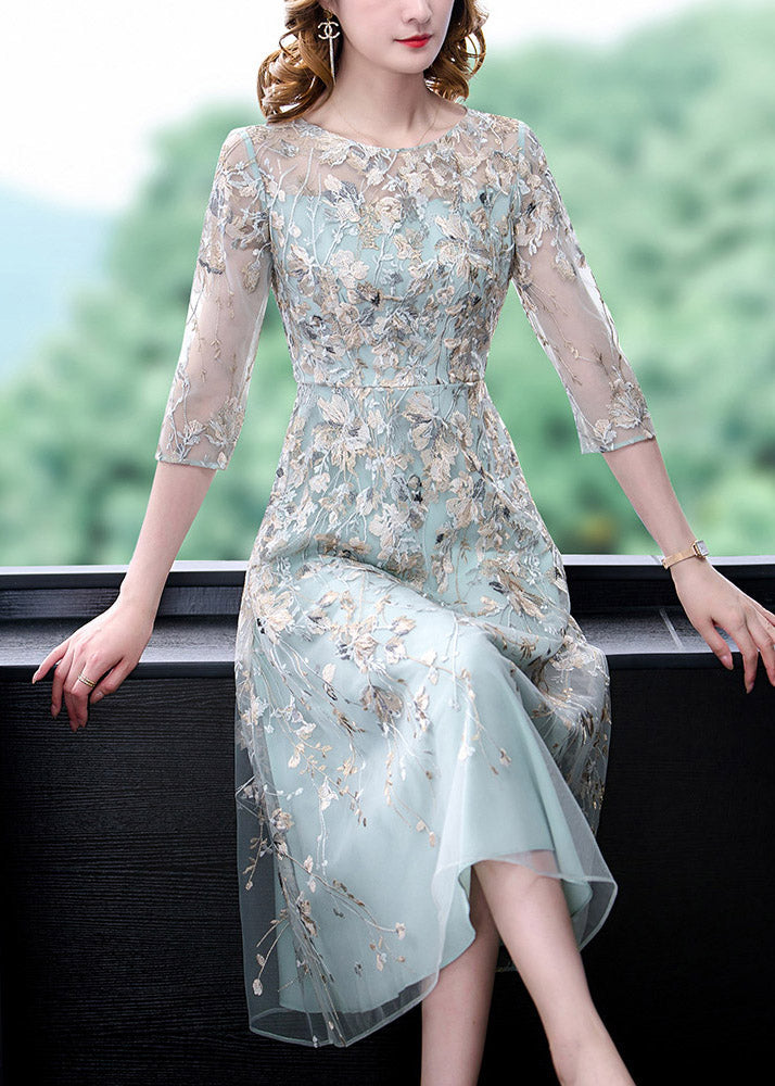 Chic Water Blue O-Neck Embroideried Floral Tunic Organza Long Dress Half Sleeve