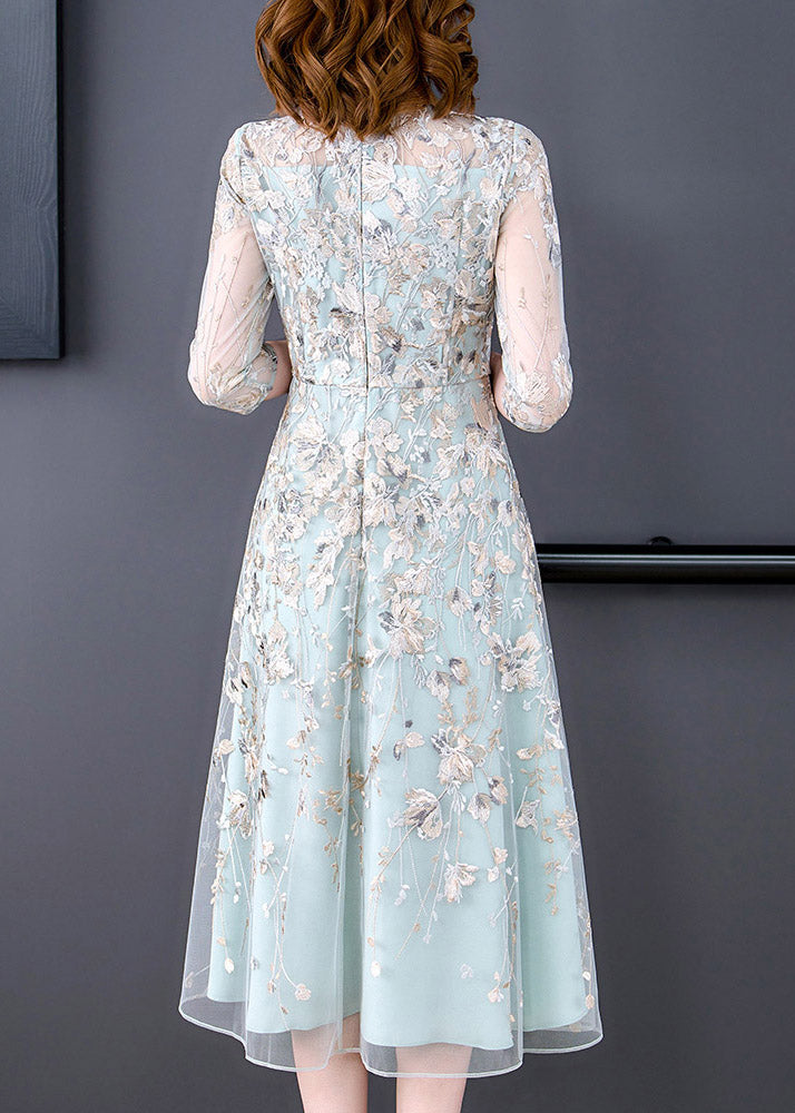 Chic Water Blue O-Neck Embroideried Floral Tunic Organza Long Dress Half Sleeve