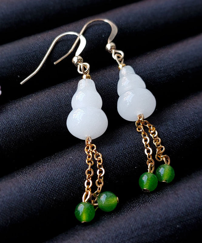 Chic White 14K Gold Jade Gourd Gem Stone Tassel Drop Earrings