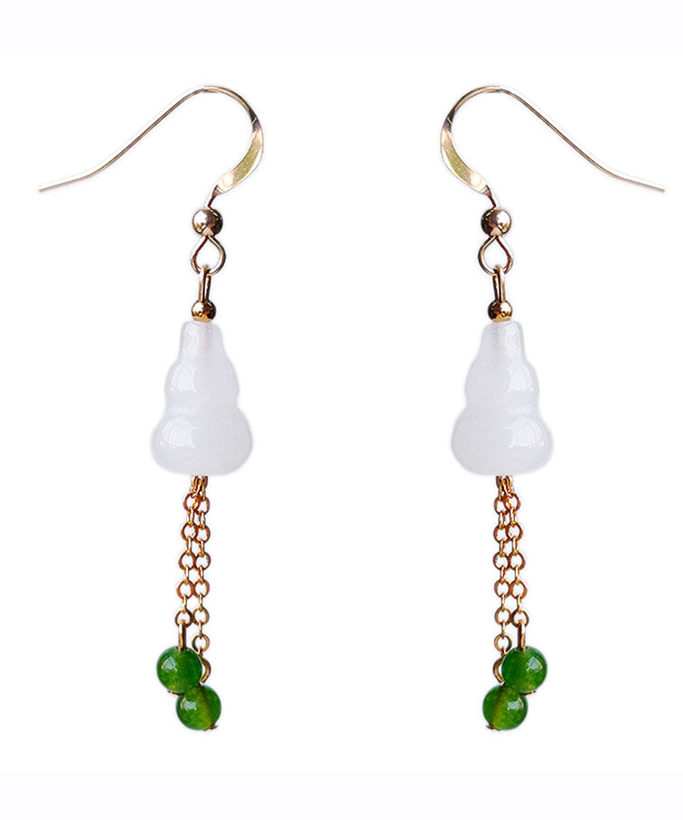 Chic White 14K Gold Jade Gourd Gem Stone Tassel Drop Earrings