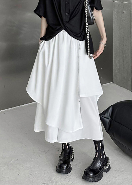 Chic White Asymmetrical Elastic Waist Patchwork Cotton Pants Skirt Fall