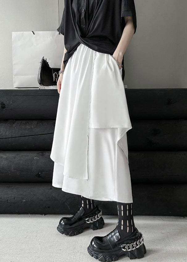Chic White Asymmetrical Elastic Waist Patchwork Cotton Pants Skirt Fall