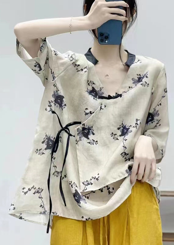 Chic White Asymmetrical Print Lace Up Linen Shirt Summer