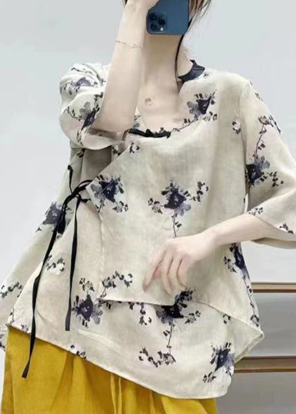 Chic White Asymmetrical Print Lace Up Linen Shirt Summer