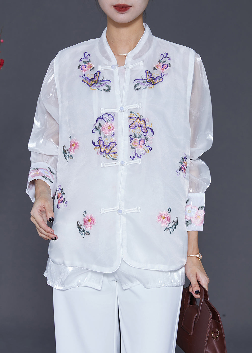 Chic White Embroideried Chinese Button Silk Two Pieces Set Fall