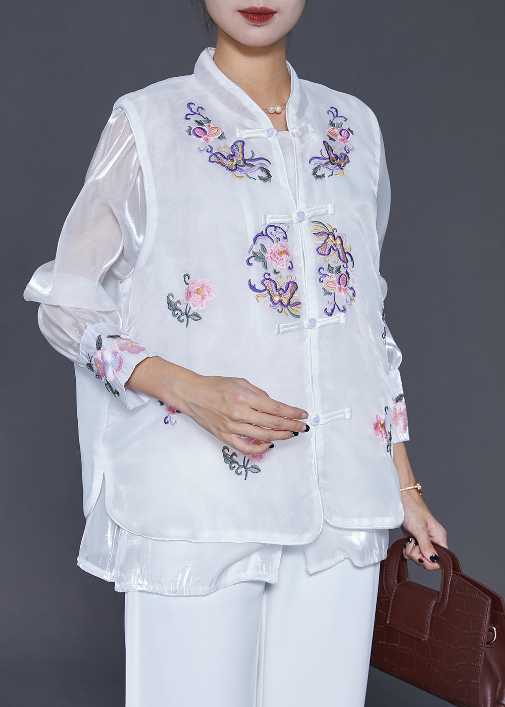 Chic White Embroideried Chinese Button Silk Two Pieces Set Fall