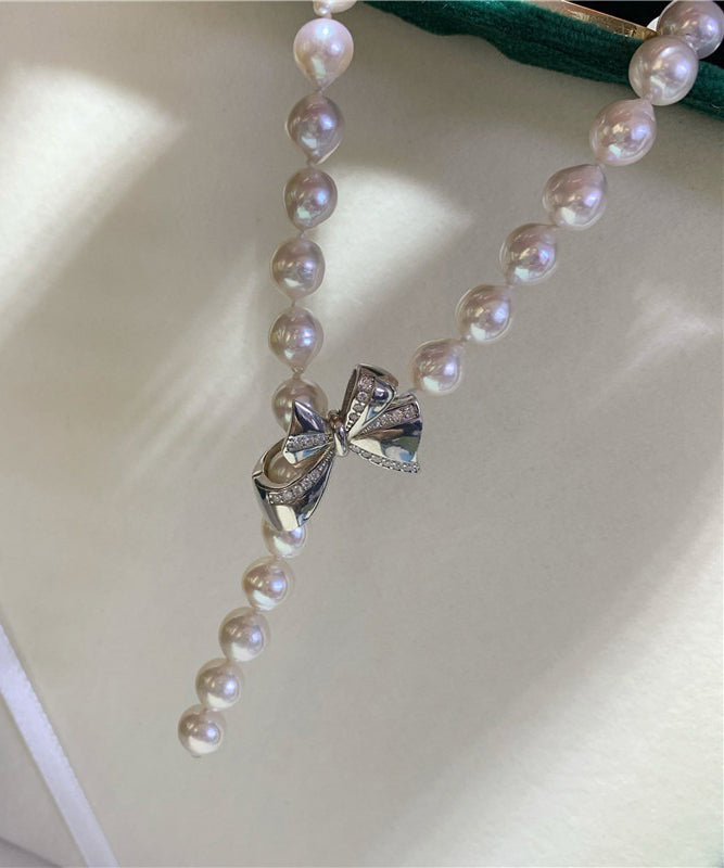 Chic White Pearl Bow Zircon Pendant Necklace