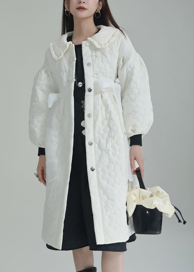 Chic White Peter Pan Collar Pockets Fine Cotton Filled Witner Coat