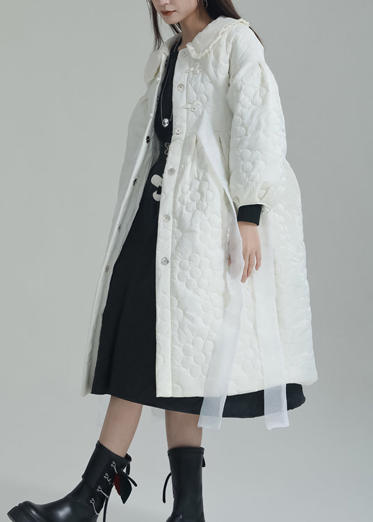 Chic White Peter Pan Collar Pockets Fine Cotton Filled Witner Coat