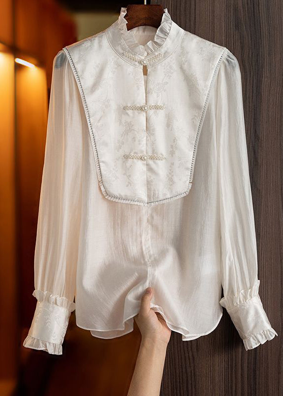 Chic White Stand Collar Ruffled Patchwork Oriental Button Silk Shirts Spring