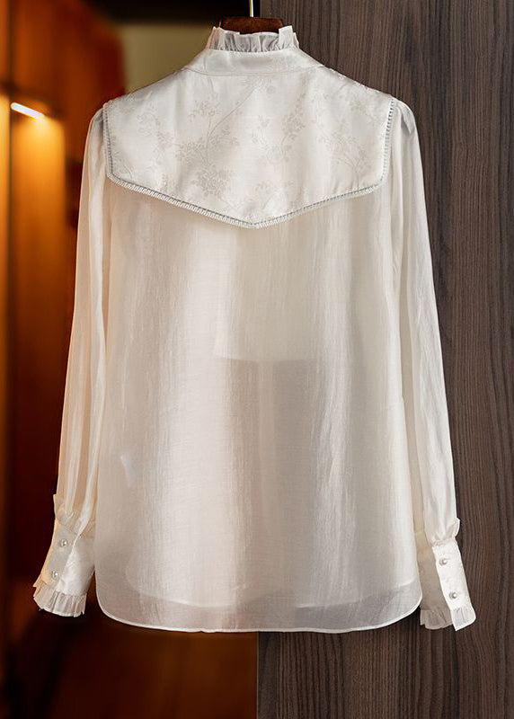 Chic White Stand Collar Ruffled Patchwork Oriental Button Silk Shirts Spring