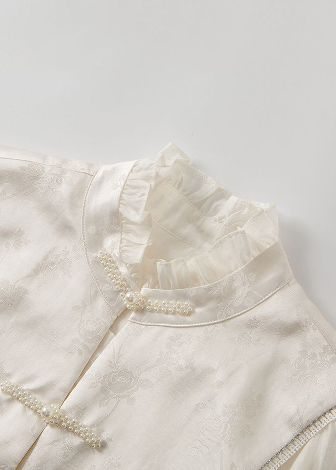 Chic White Stand Collar Ruffled Patchwork Oriental Button Silk Shirts Spring