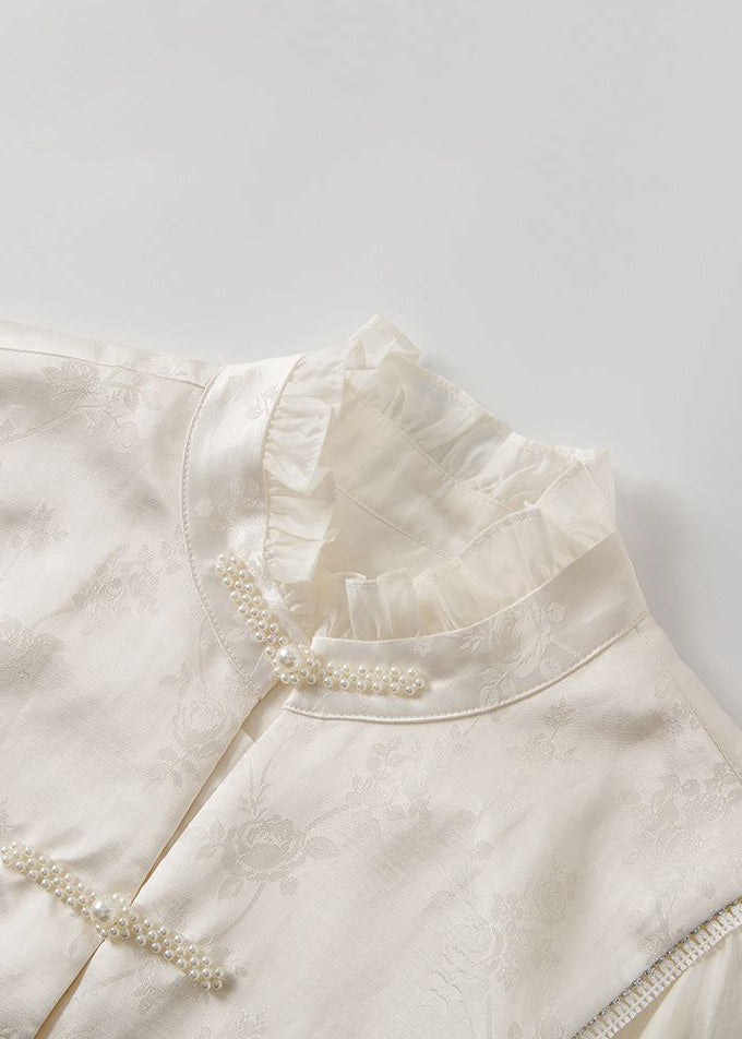 Chic White Stand Collar Ruffled Patchwork Oriental Button Silk Shirts Spring