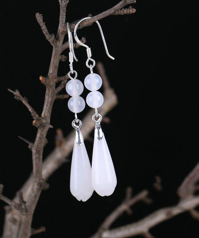 Chic White Sterling Silver Jade Sphericity Water Drop Drop Earrings