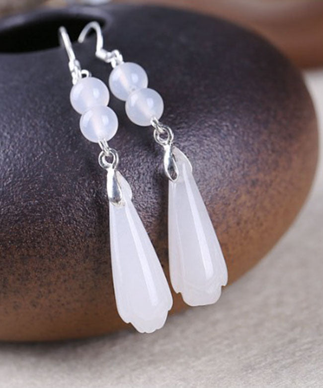 Chic White Sterling Silver Jade Sphericity Water Drop Drop Earrings