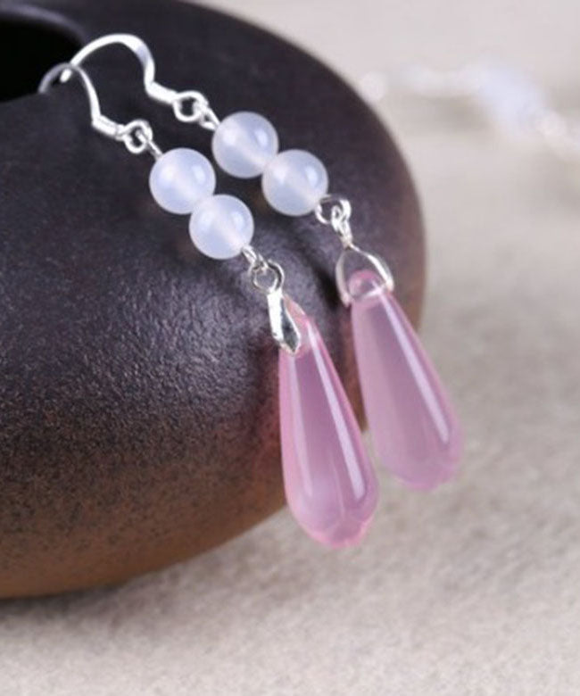 Chic White Sterling Silver Jade Sphericity Water Drop Drop Earrings