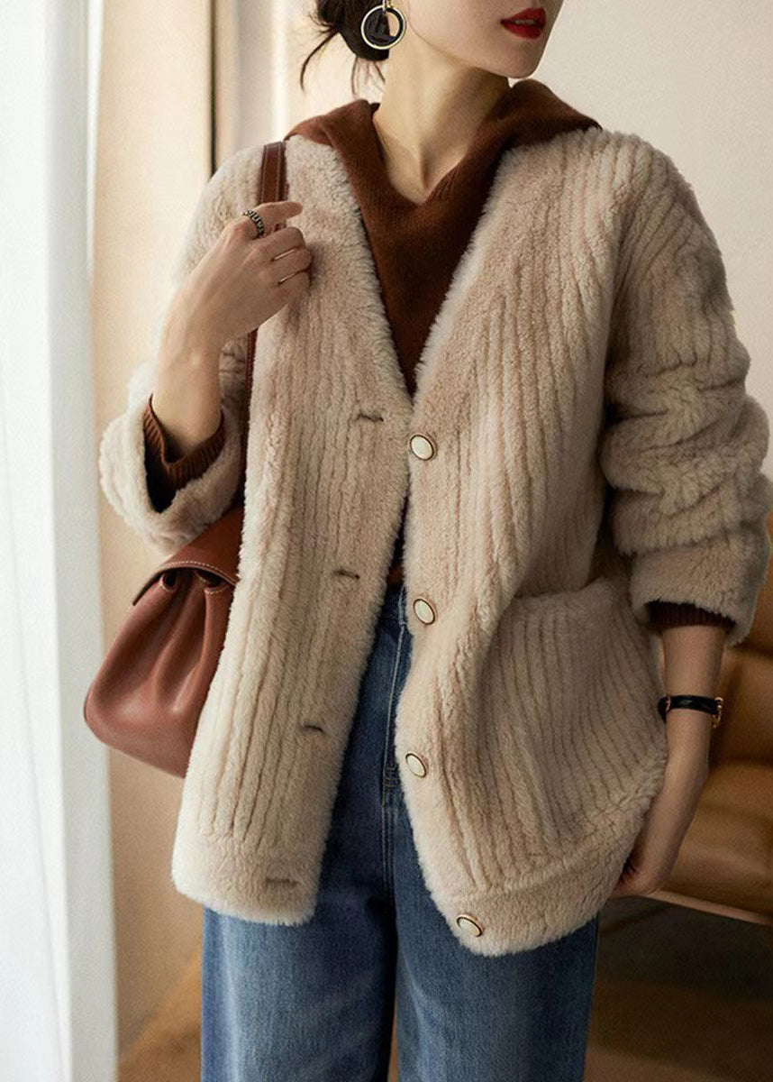 Chic White V Neck Pockets Patchwork Wool Coats Winter
